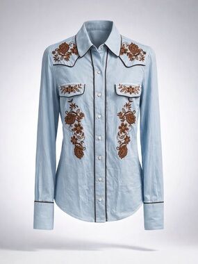 Stetson Western Shirt, embroidery detail, pearl snaps, lt blue/brn, S, EUC